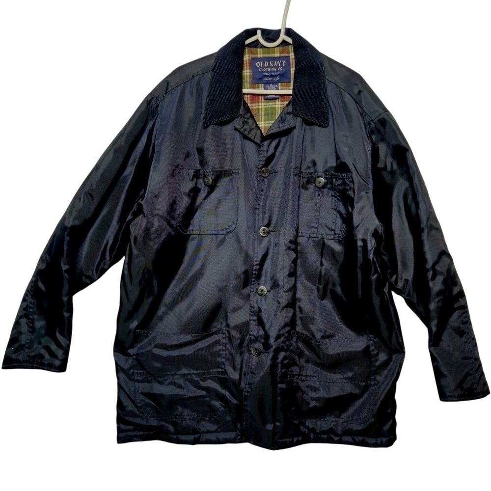 Old Navy Outdoor Style Jacket Mens Medium Nylon Shell Navy Blue Plaid Lined Y2K